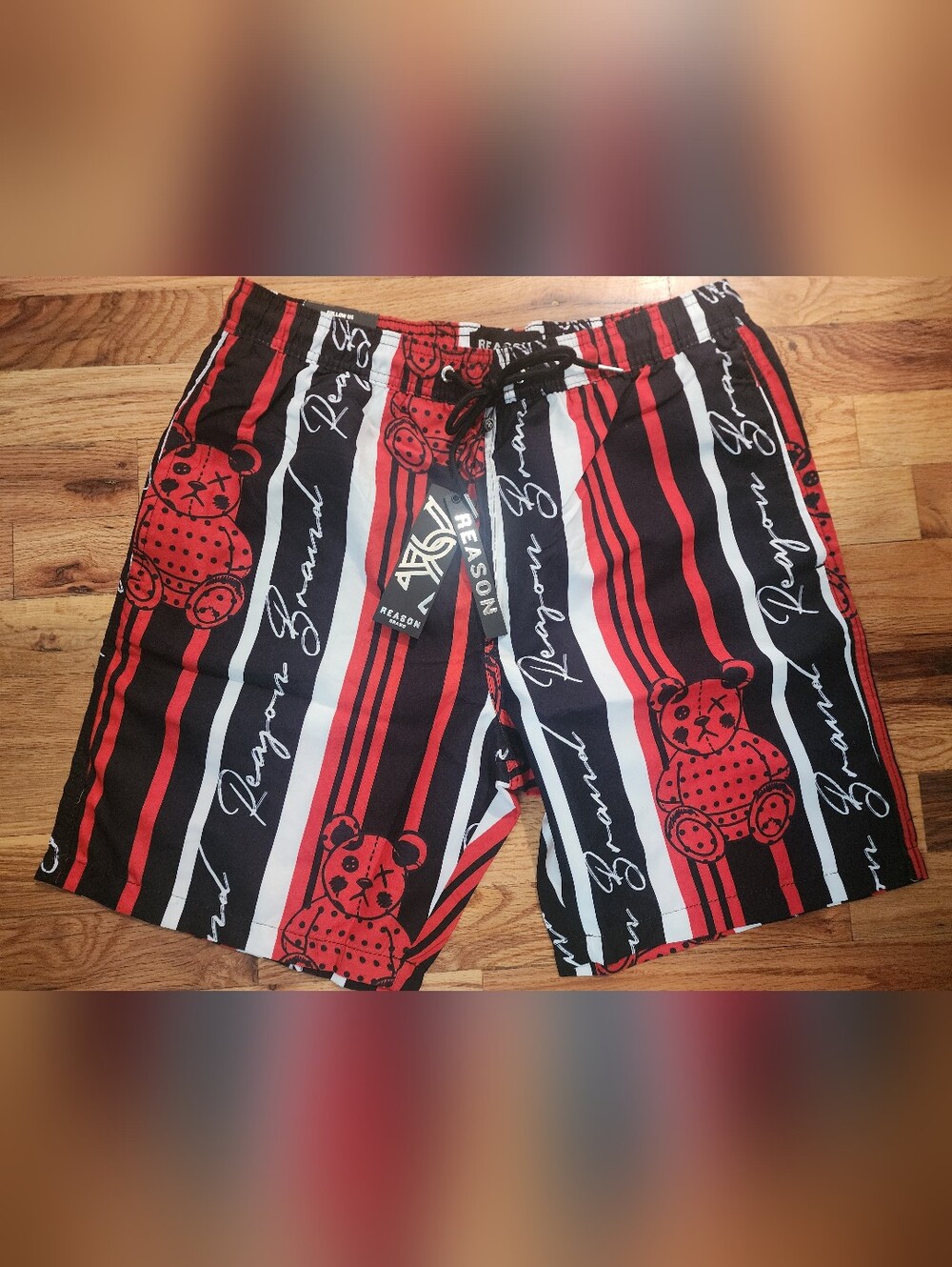 Reason Men’s Red, Black & White Striped Swim Trunks with Bear Graphic